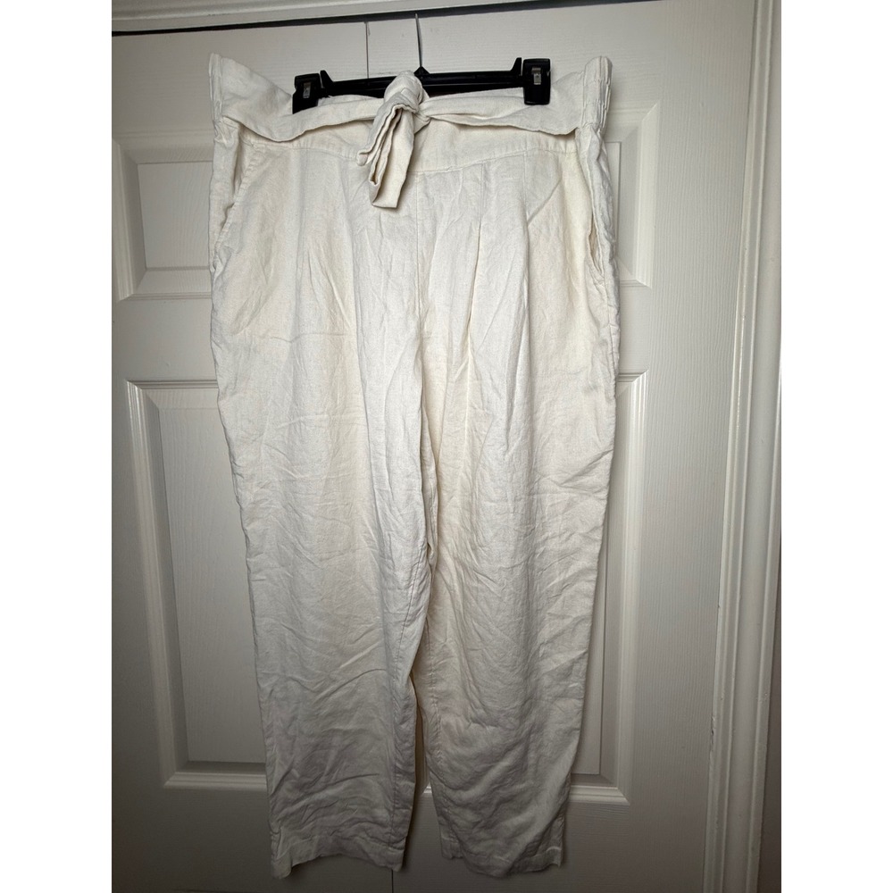 Who‎ What Wear Cream Linen Blend Tie Waist Trousers Natural Waist Tapered Pants